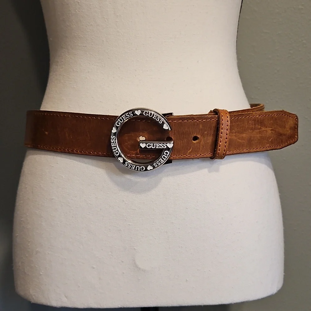 Guess Belt Leather Y2K Silver G Buckle with Hearts Brown Strap Size Sm